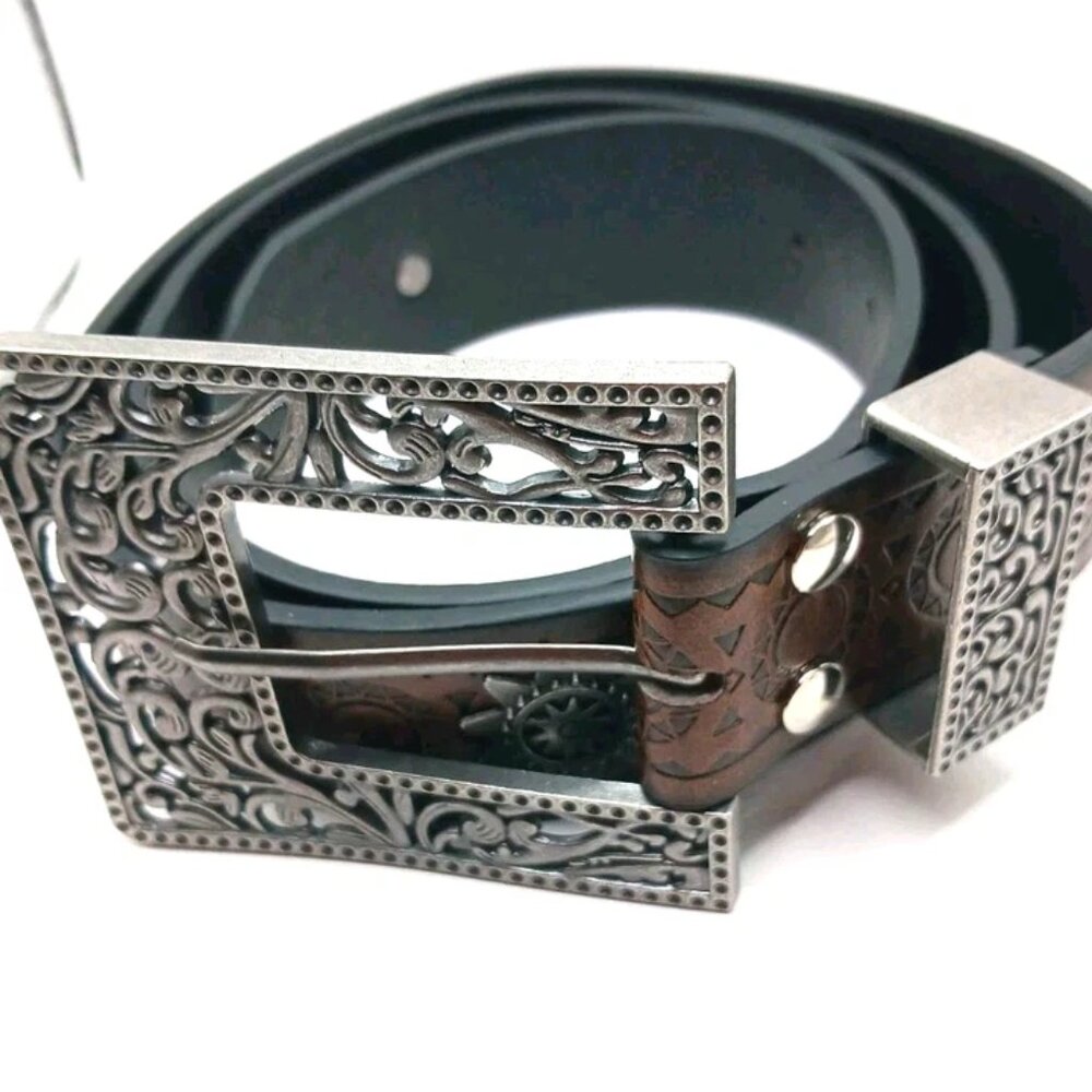 Womens Brown Leather Belt Waist Size 29 To 35 With Large Filagree Buckle New - Picture 4 of 9